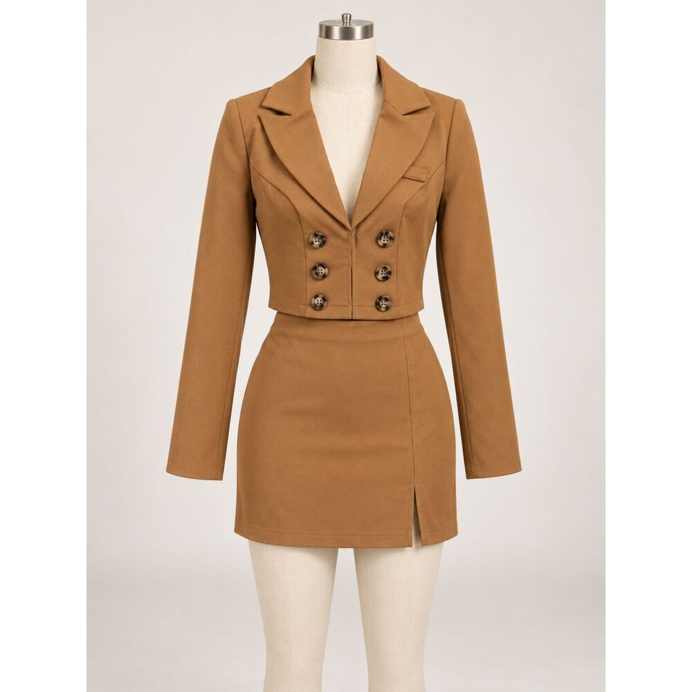 Kingston Grey Womens S Camel Blazer Mini Skirt 2 Piece Set Office Siren